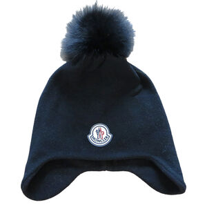 MONCLER Black Fleece Faux Fur Pom Pom Ski Winter Hat Beanie S